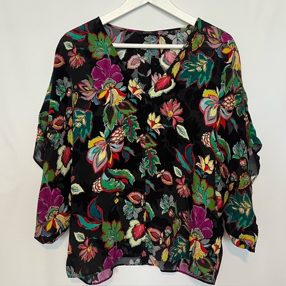 Natori Black Floral Silk Top Kimono Sleeve Medium - Picture 1 of 9